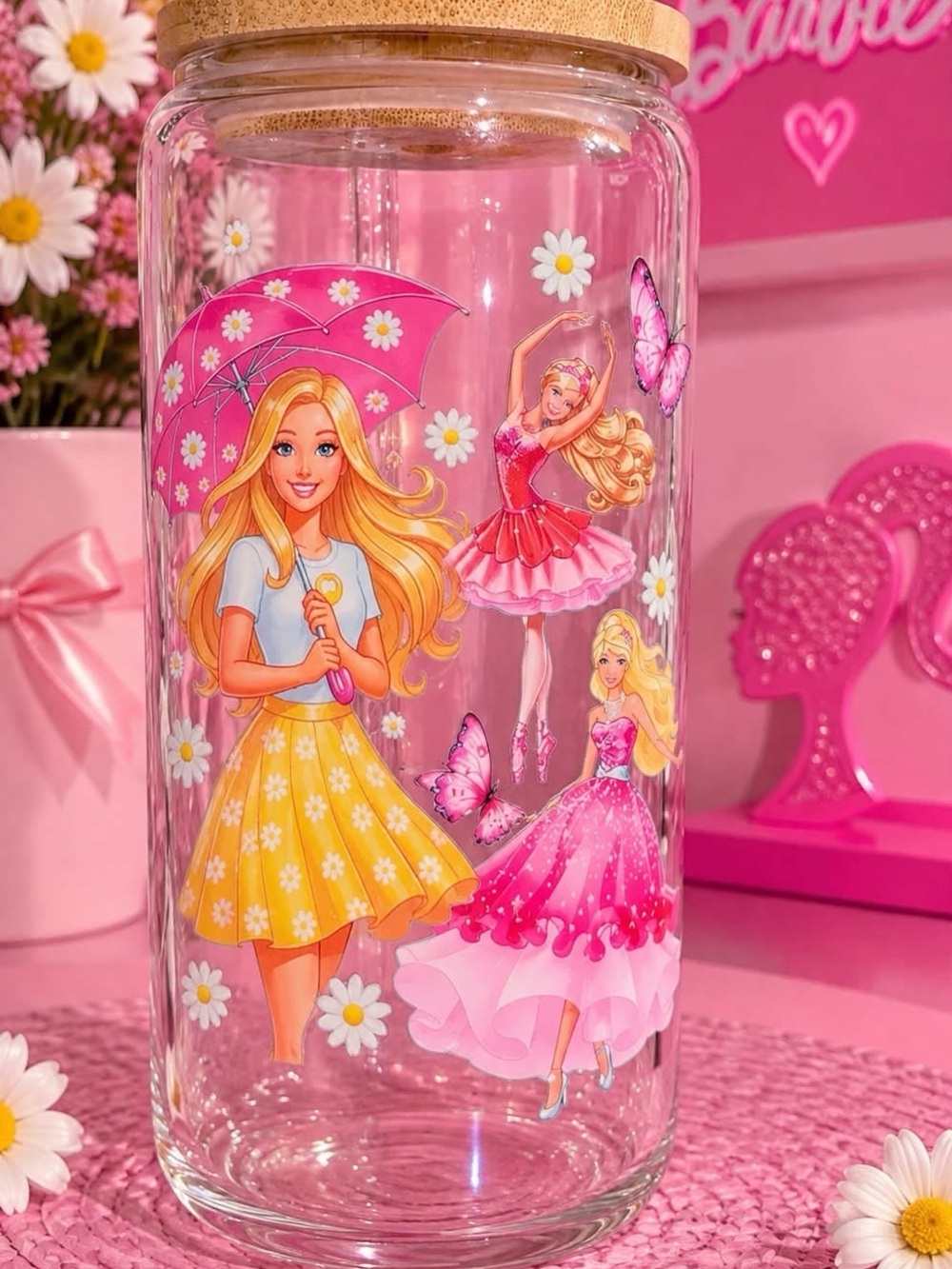 Barbie Floral Princess Glass Jar in Pink and Yellow with Wooden Lid